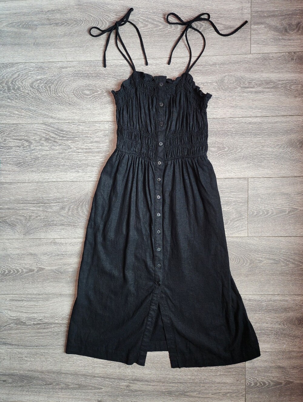 NWT Black Smocked Front Button Fit & Flare Midi Dress - Small Linen Coastal